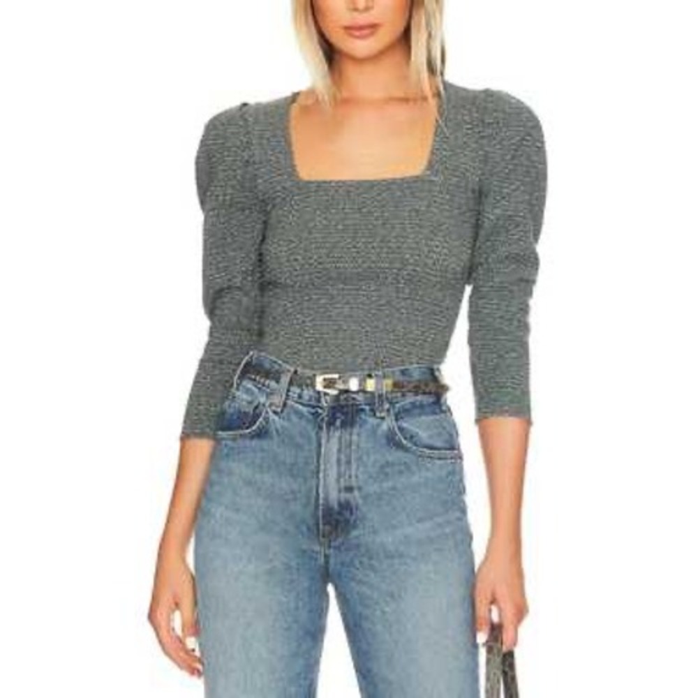 Nation LTD Alexandra Smocked Top Women Medium Gray Polka Dot Puff Shoulder